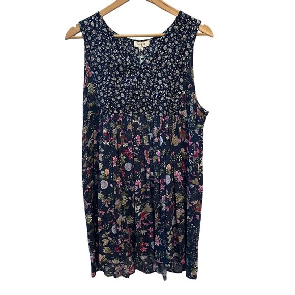 Umgee Blue Sleeveless Dress Tunic Navy Floral Print Button Accents Womens L NWT - Picture 1 of 6